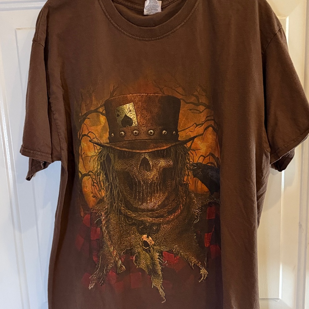 Fruit of the Loom Brown Heavy Cotton T-Shirt Graphic Skull Horror Design NS
